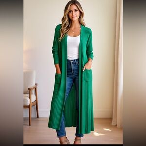 LuLaRoe Ribbed Cardigan Size Large Green Open Front Long Sleeves Front Pockets